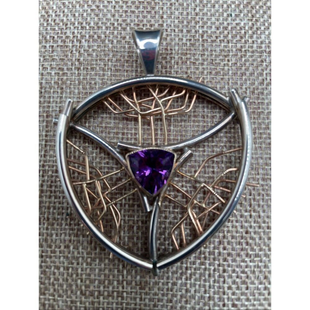 Artisan Sterling Silver & Gold Wire Pendant with Amethyst Trillion Cut Stone